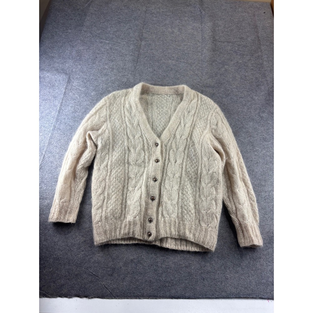 VTG Mohair Blend Cable Knit Cardigan Sweater Cream V-Neck Button Front Size M/L?
